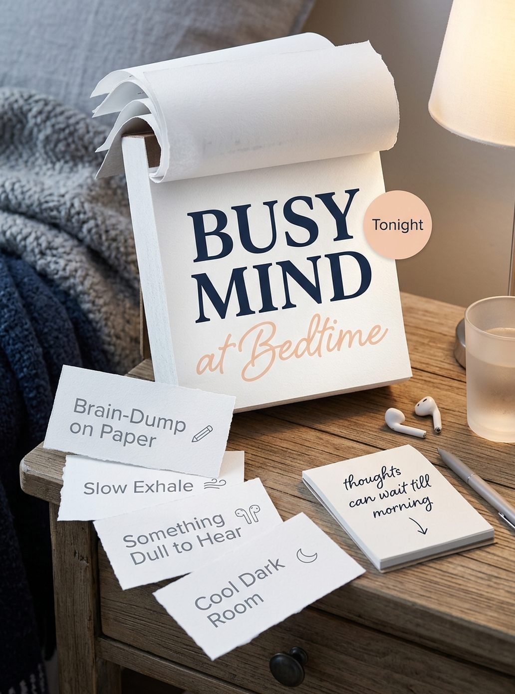 Nightstand with notepad and earbuds